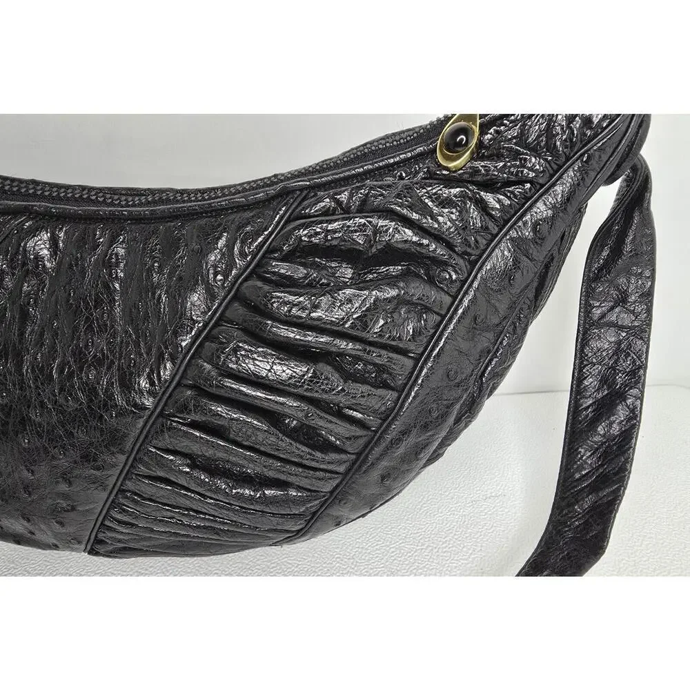 Vintage Judith Leiber Black Ostrich Leather Shoulder Bag Handbag Crescent Shape